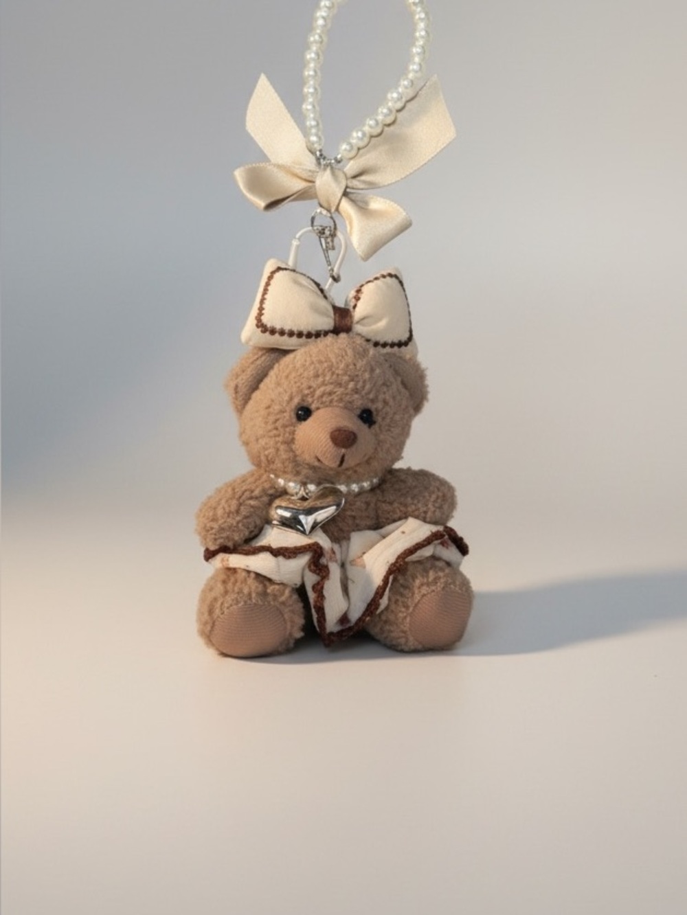 Beige Plush Bear Bag Charm with Pearl Loop and Satin Bow